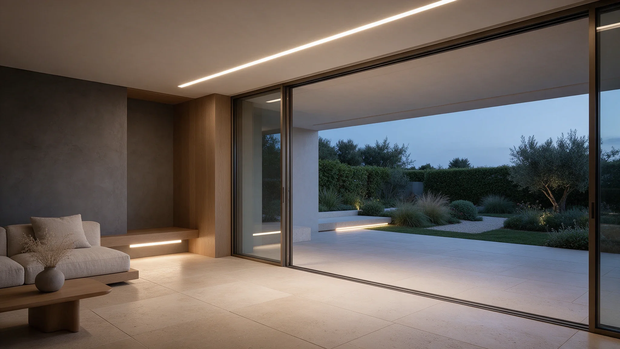 Visualización de un salón abierto a una terraza al atardecer, con líneas de luz en el techo, bajo un banco y a lo largo de un peldaño exterior.